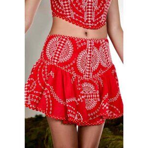 Charo Ruiz Marli Embroidered Mini Skirt L Red Nelum Eyelet Boho Resort